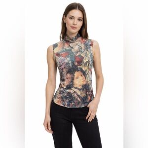Clips More Italian Art Print Velour Mesh Mock Neck Sleeveless Top Small Medium